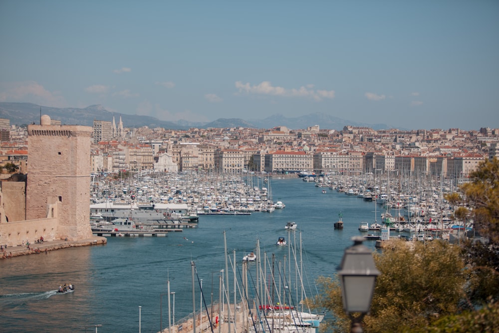 a city with a river and boats