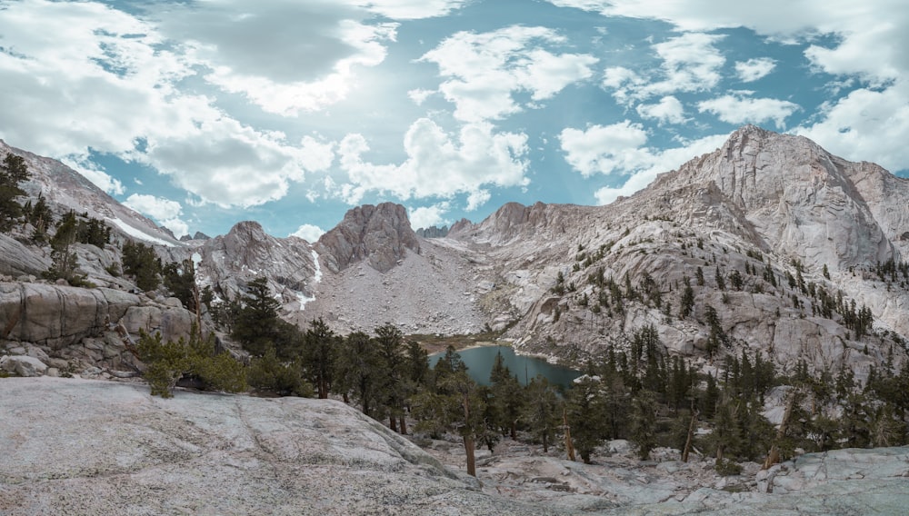 a lake in a snowy mountainous region