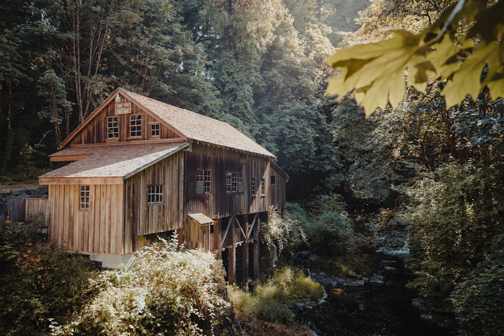 a wooden house in the woods