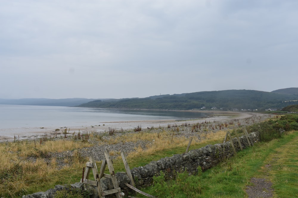 a beach with a fence and grass