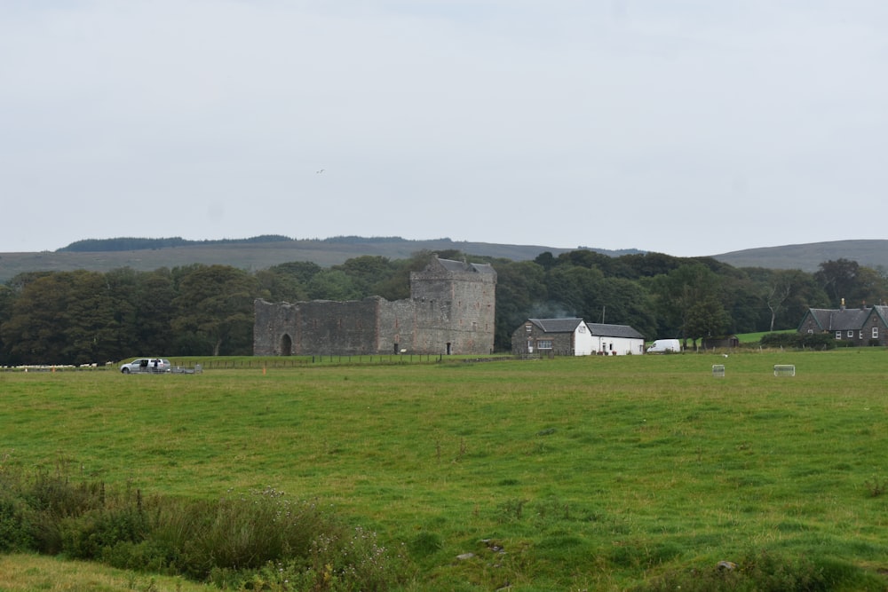 a grassy field with buildings in the background