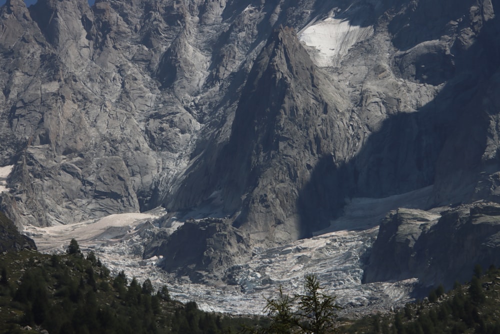 a rocky mountain with trees