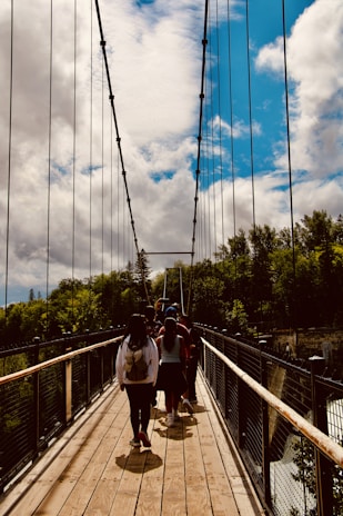 A group of trekkers crossing a wooden bridge surrounded by lush green forest under a clear blue sky.