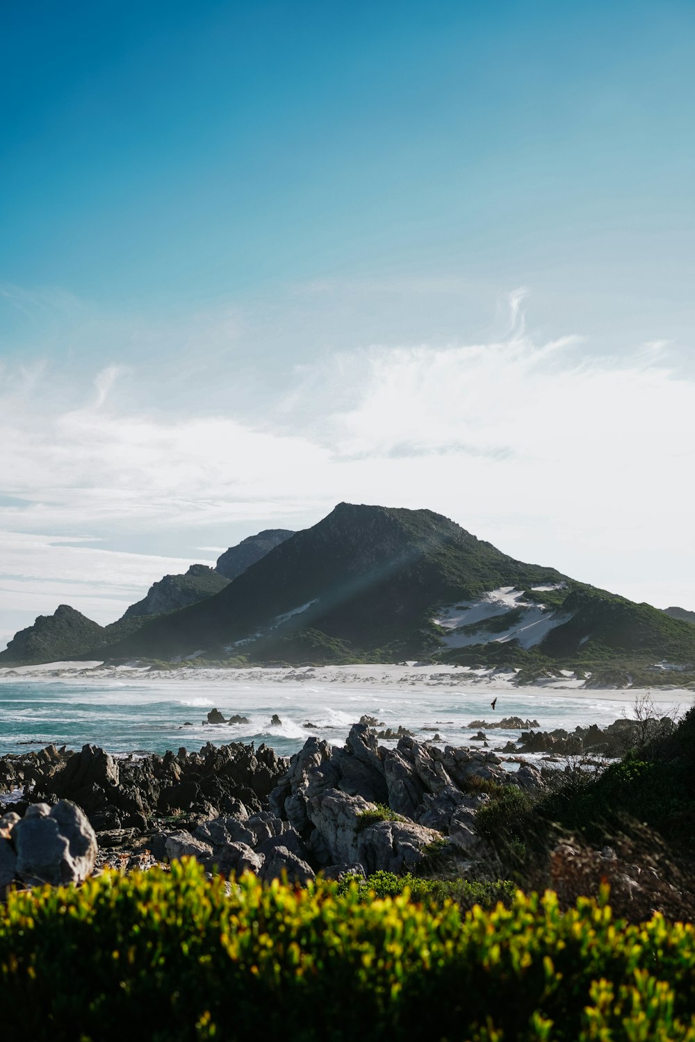 a rocky beach with a mountain in the background