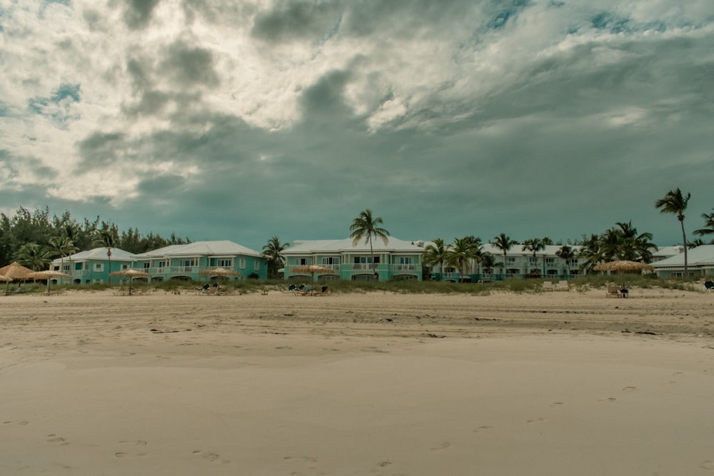 a beach with buildings and trees