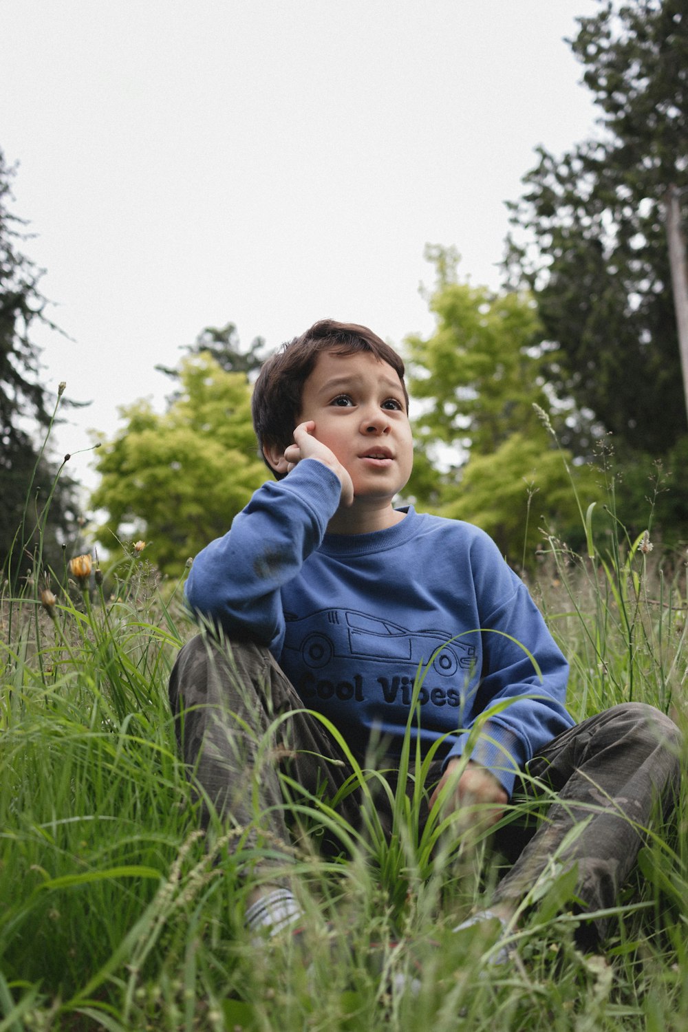 a boy sitting in the grass