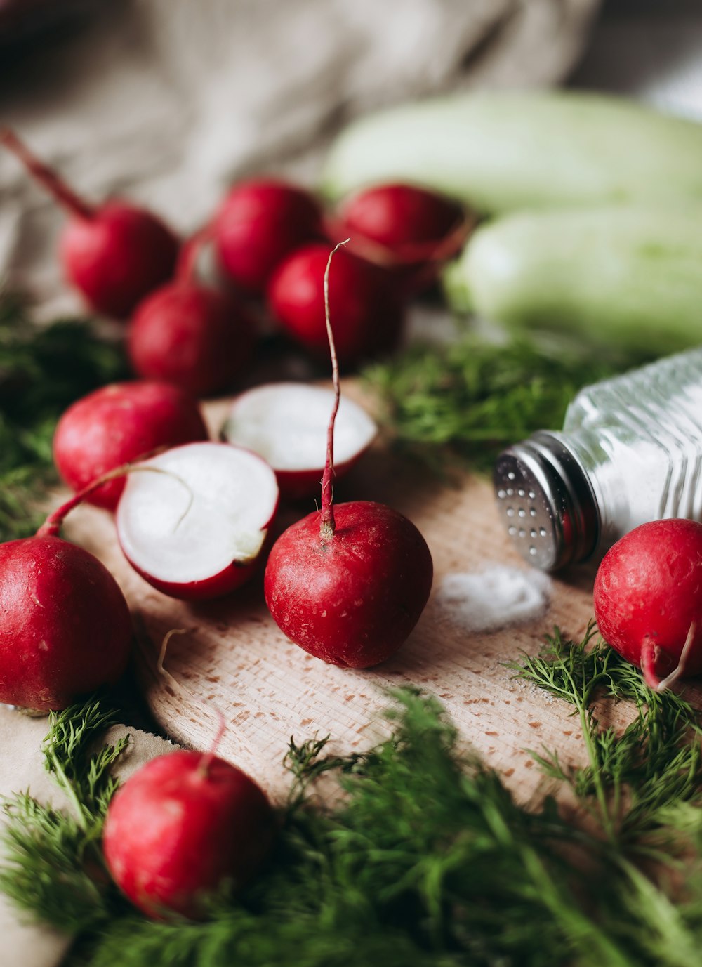 a group of red and white ornaments