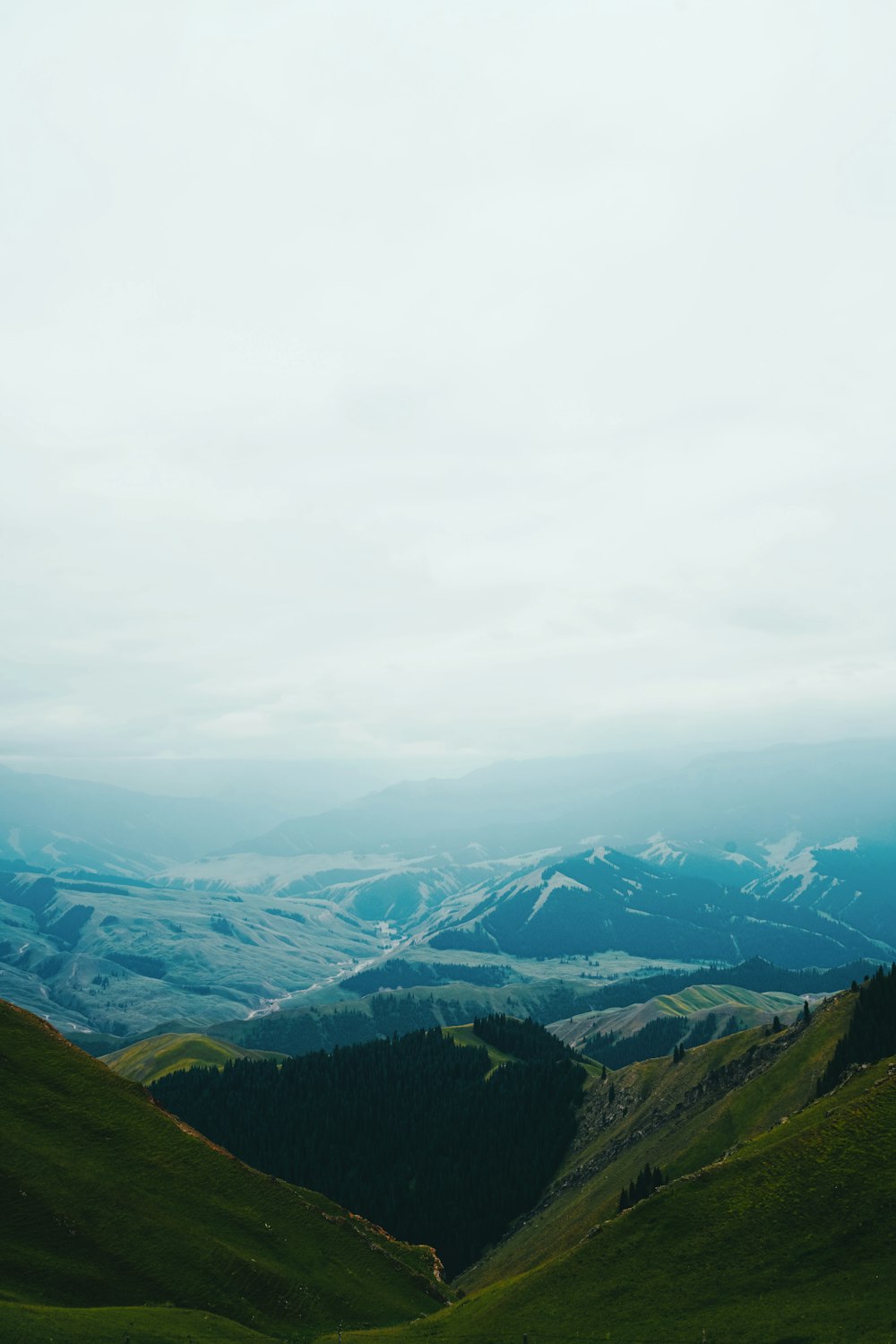 a valley with mountains in the background