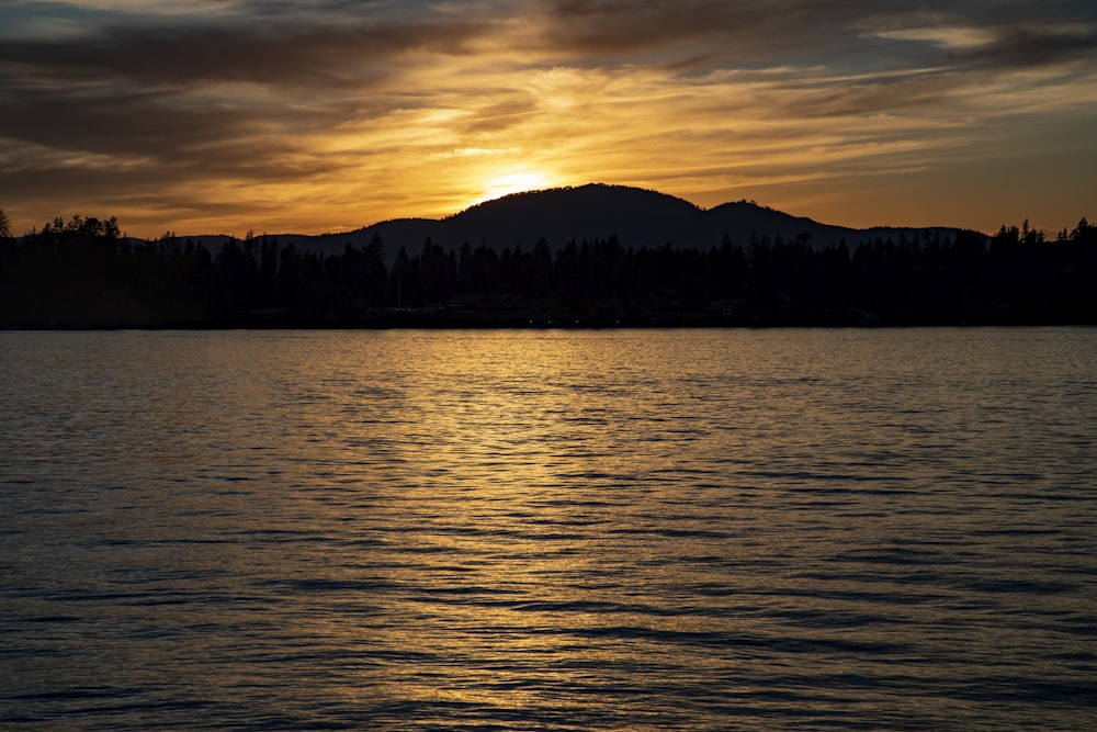 a body of water with trees and mountains in the background