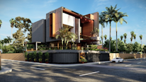 A modern, angular house with a sleek design, featuring a mix of glass, wood, and concrete materials. It is surrounded by tall palm trees and lush greenery, located at the corner of a street with a sports car parked nearby.