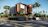 A modern, angular house with a sleek design, featuring a mix of glass, wood, and concrete materials. It is surrounded by tall palm trees and lush greenery, located at the corner of a street with a sports car parked nearby.