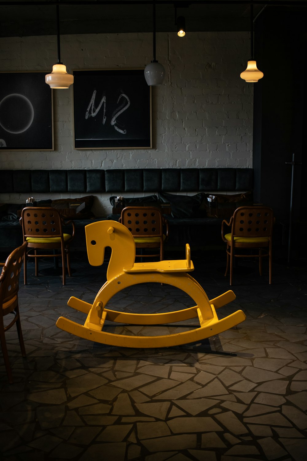 a yellow chair in a room