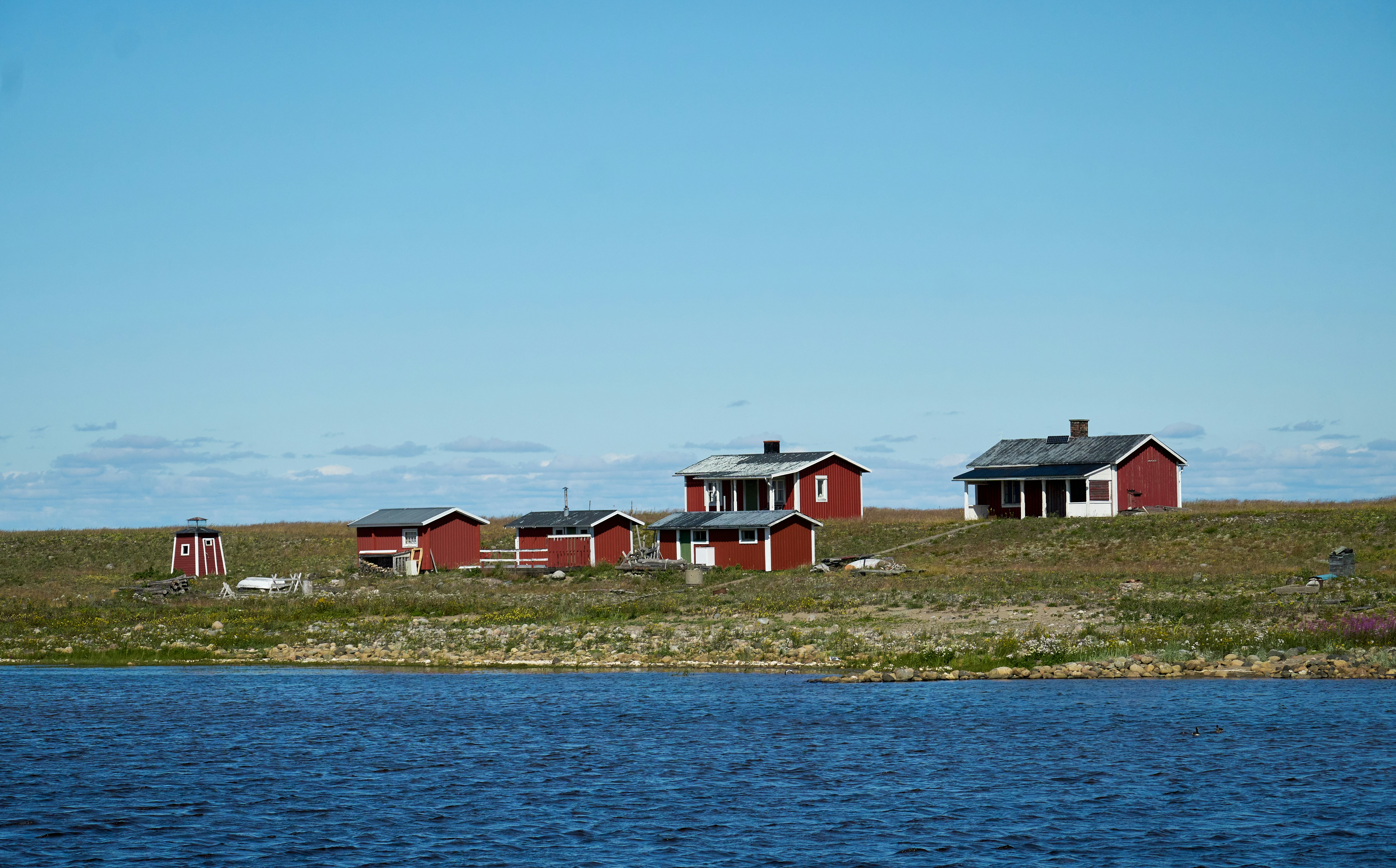 a group of red buildings on a hill by a body of water, Swedish summer houses located at the island Malören.