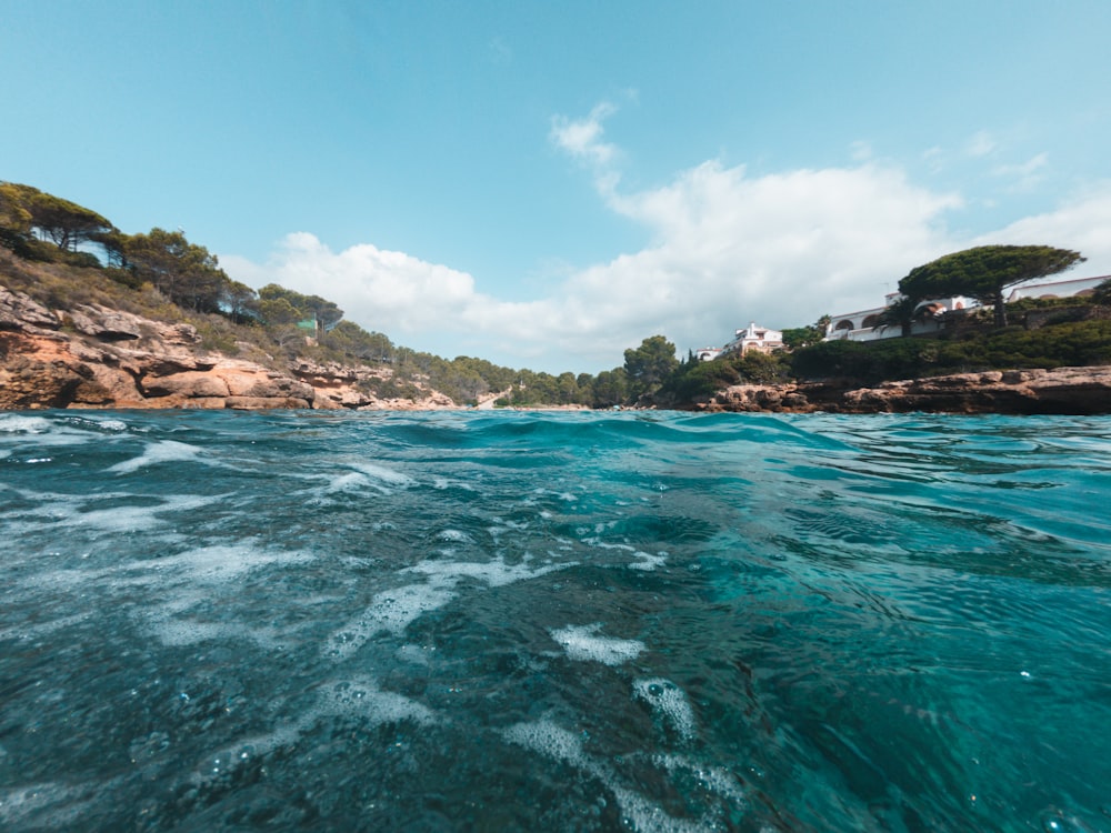 a body of water with rocks and trees on the side