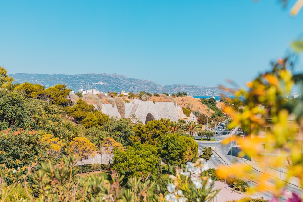 a landscape with trees and a building