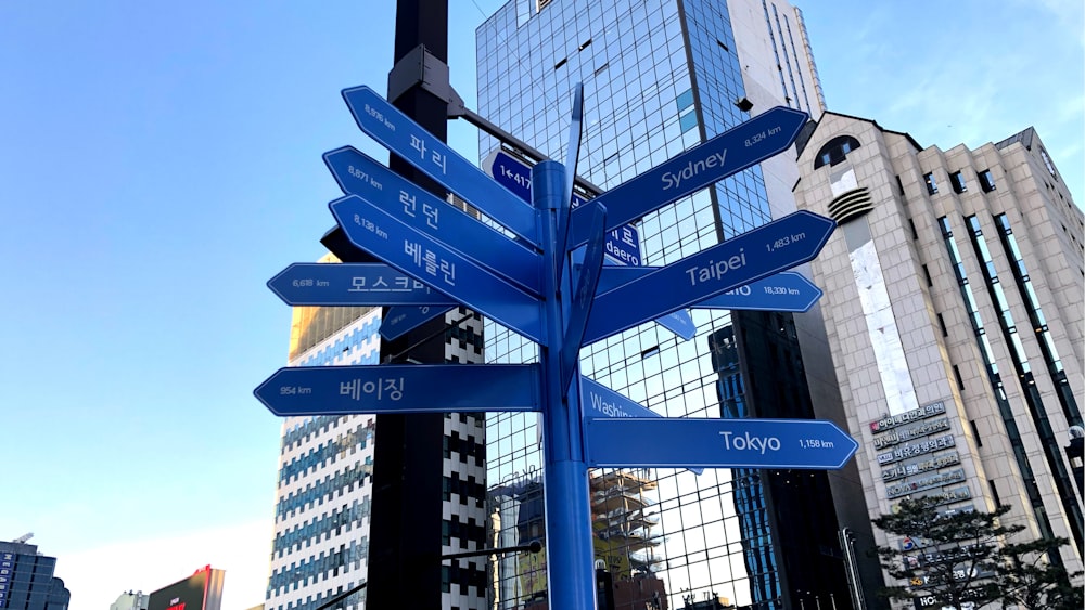 a street sign in front of a skyscraper