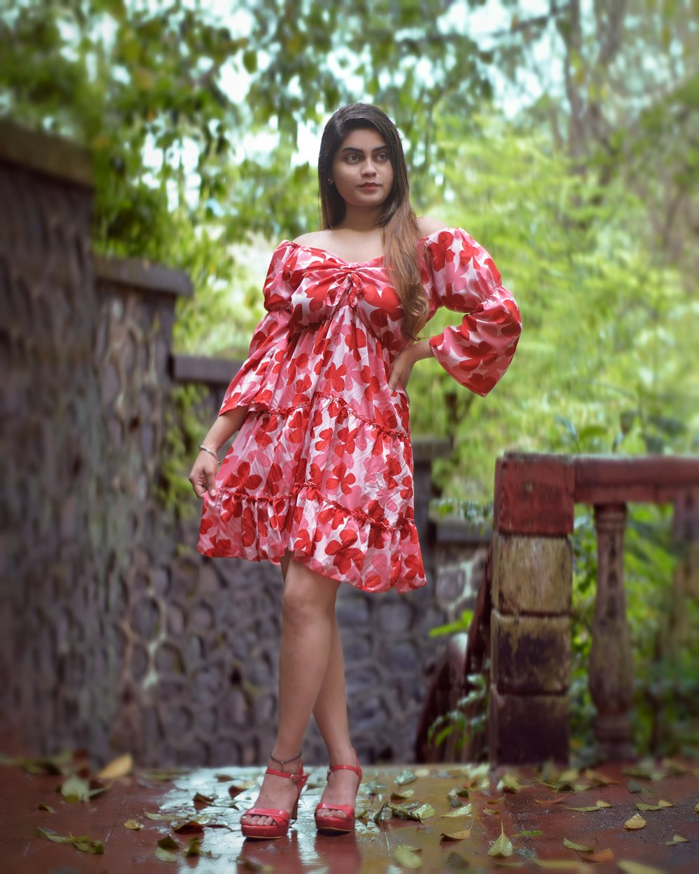 a woman in a red dress