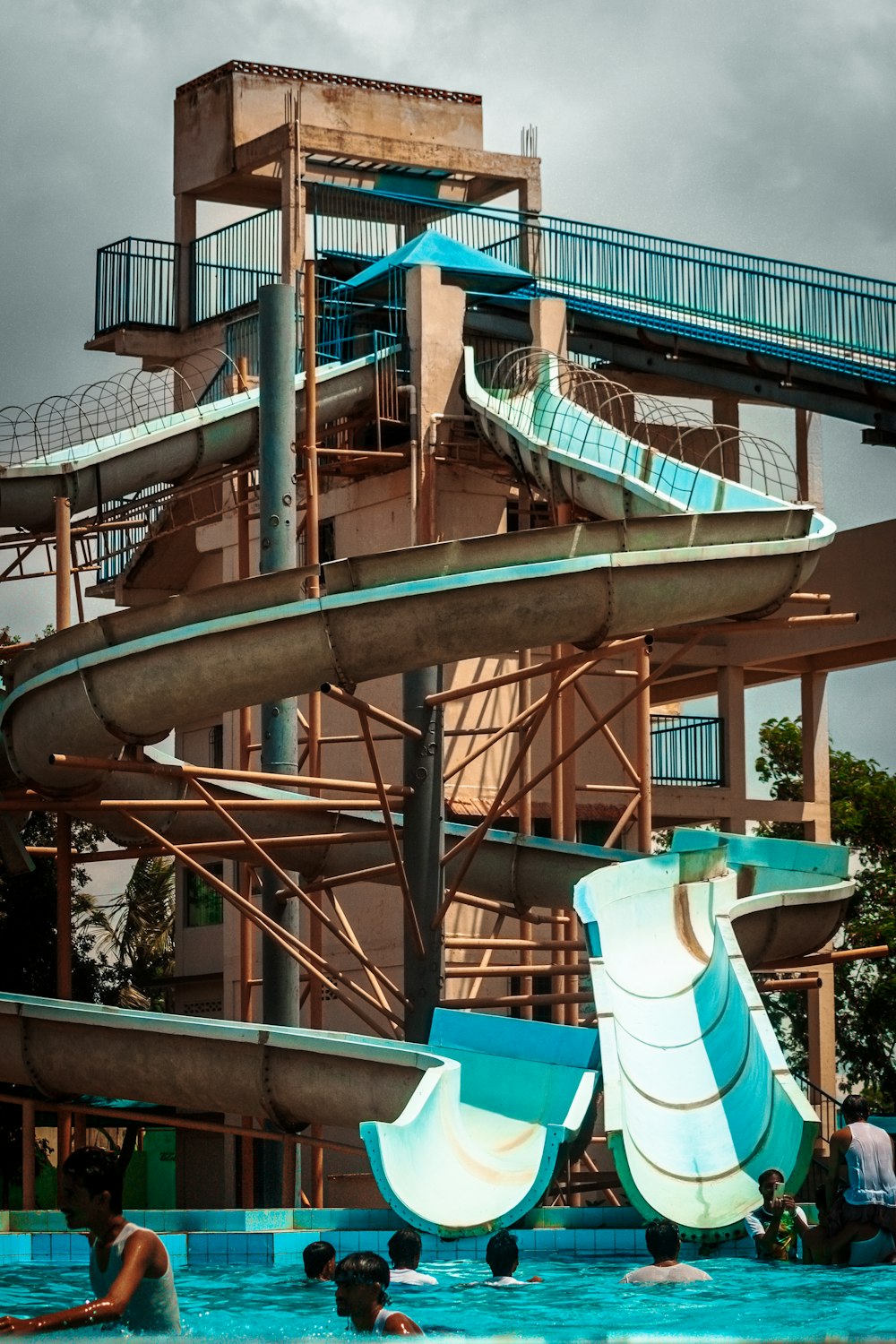 a water slide in a pool