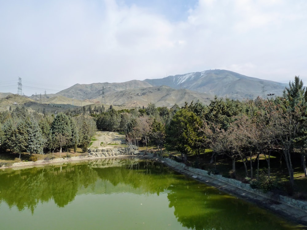 a body of water with trees and hills in the background