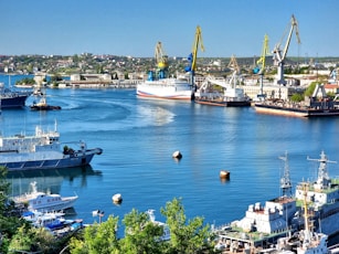 a group of boats in a harbor