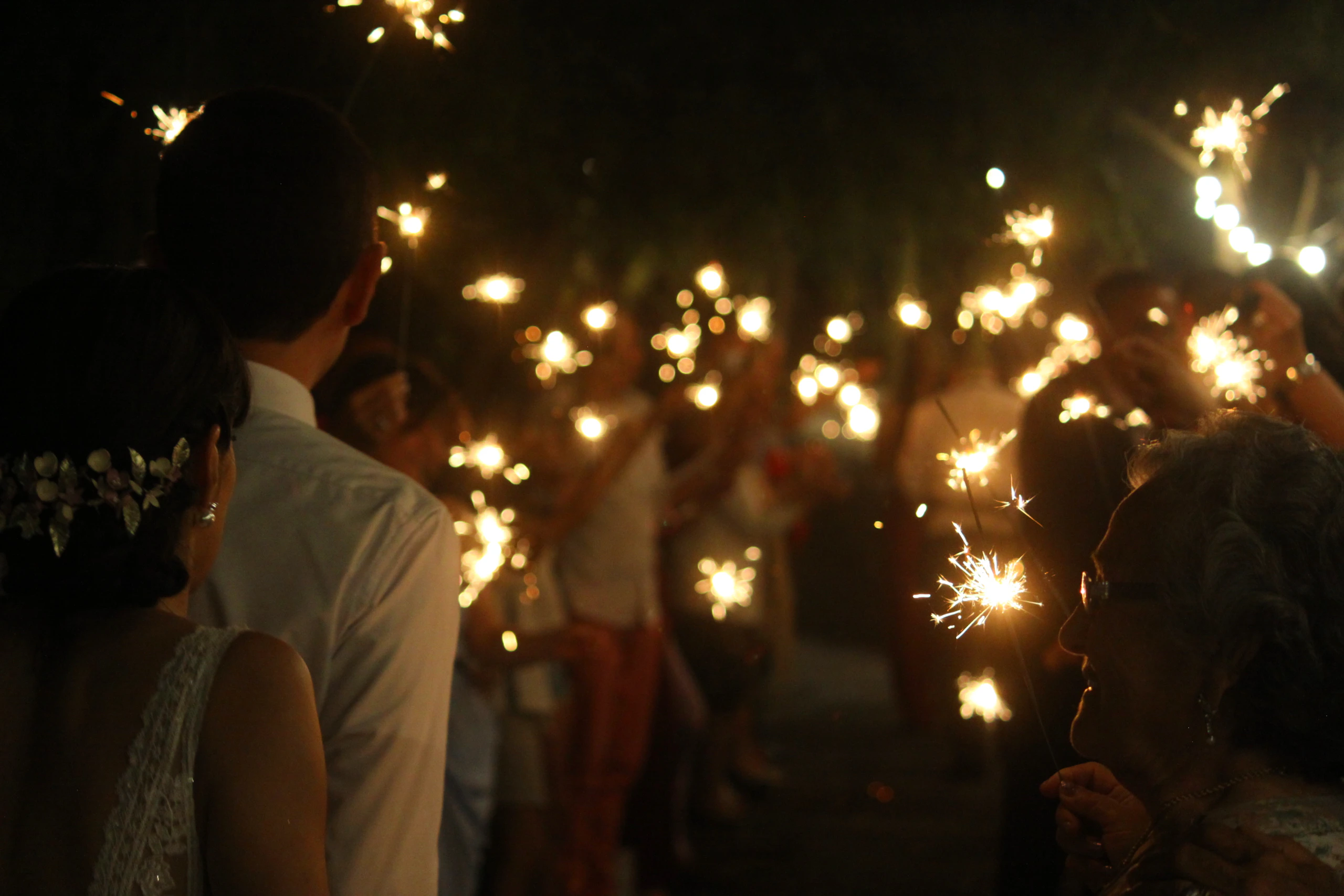 Guests holding sparklers at night