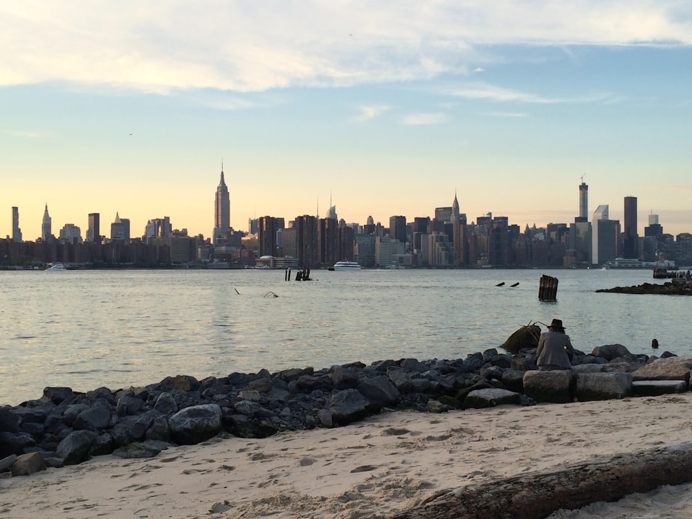 a city skyline behind a body of water