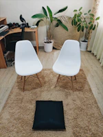 Cozy living room corner featuring a plush rug and a sleek desk chair.