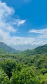 Lush green valley stretching below the residential plots with clear blue skies.
