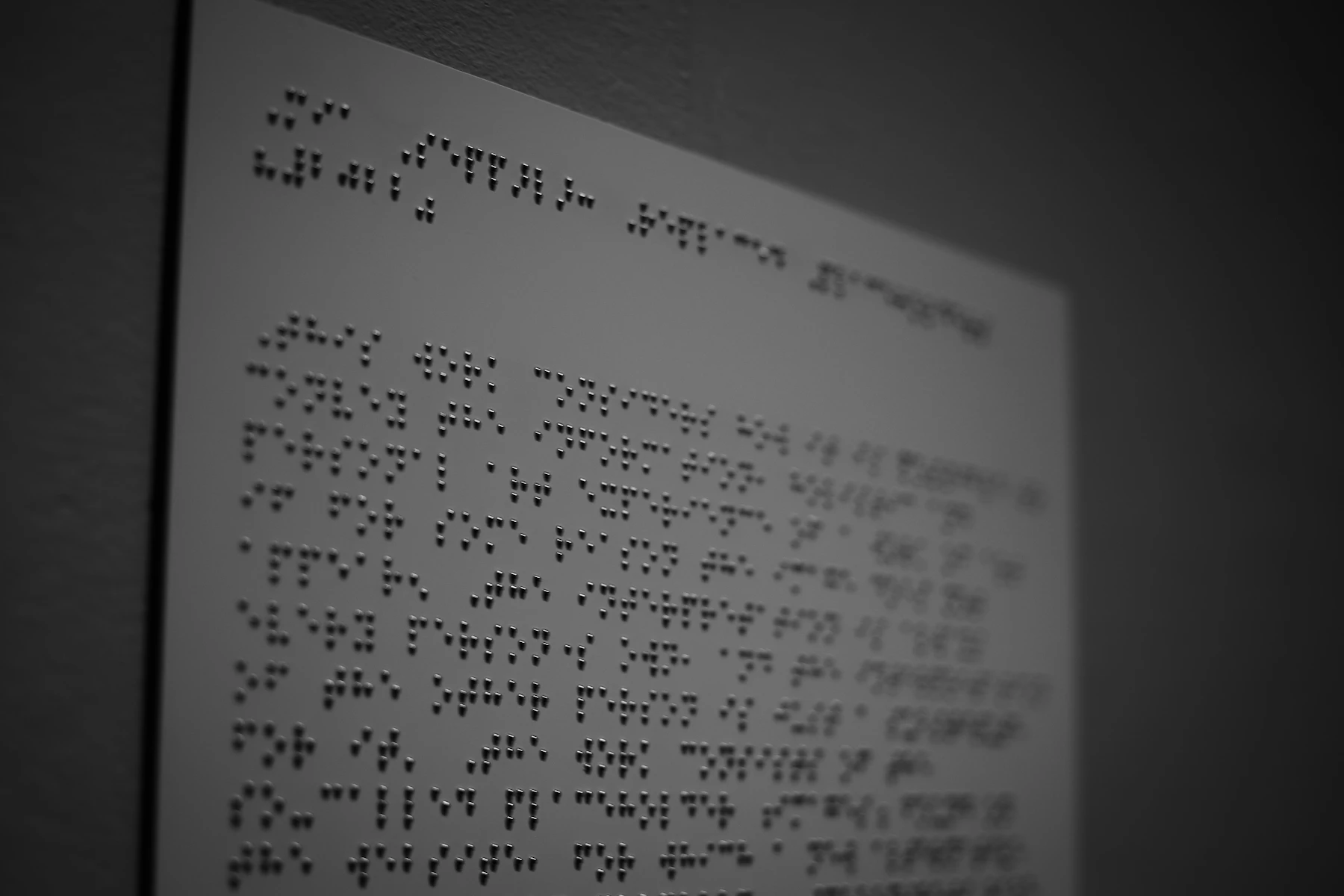 A white panel of braille text mounted on a dark wall, the rows of dots catching the light