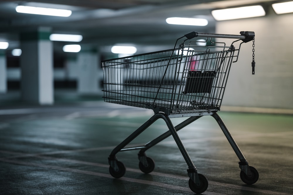 a shopping cart in a warehouse