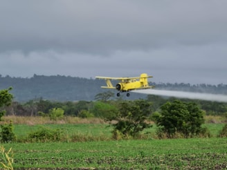 A yellow crop duster plane flying low over a green agricultural field, releasing a trail of spray. The landscape features lush greenery and a backdrop of dense trees and overcast, cloudy skies.