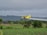 A drone flying low over a green field at sunset, spraying crops.