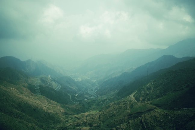 a valley with mountains in the background