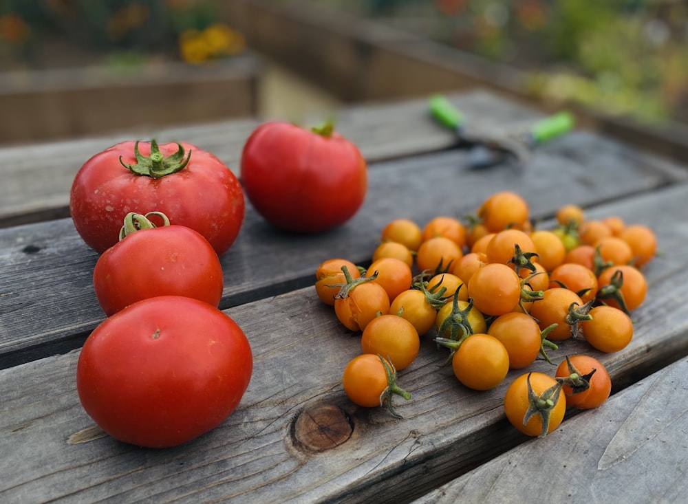 a group of tomatoes on a wooden surface