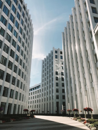 Tall, modern buildings with a white facade surround an open plaza. The sky is clear and blue, providing a bright, open atmosphere. Arrangements of red and white flowers are neatly planted along the edges.