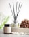 A reed diffuser and a coconut & soy wax candle labeled 'Serenity' are placed on a surface with white pebbles in front of them. A textured brown loofah is set to the side, with a blurred, soft green background featuring hints of foliage.