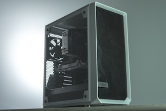 a computer tower with a black screen