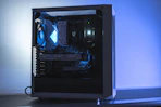 a computer with a blue light