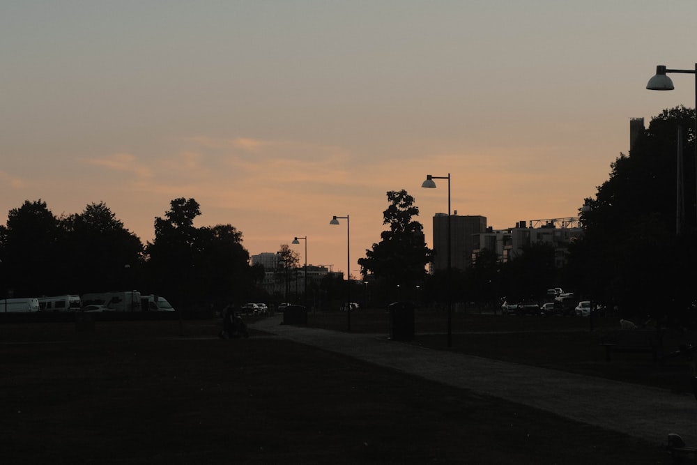 a street with trees and buildings in the background