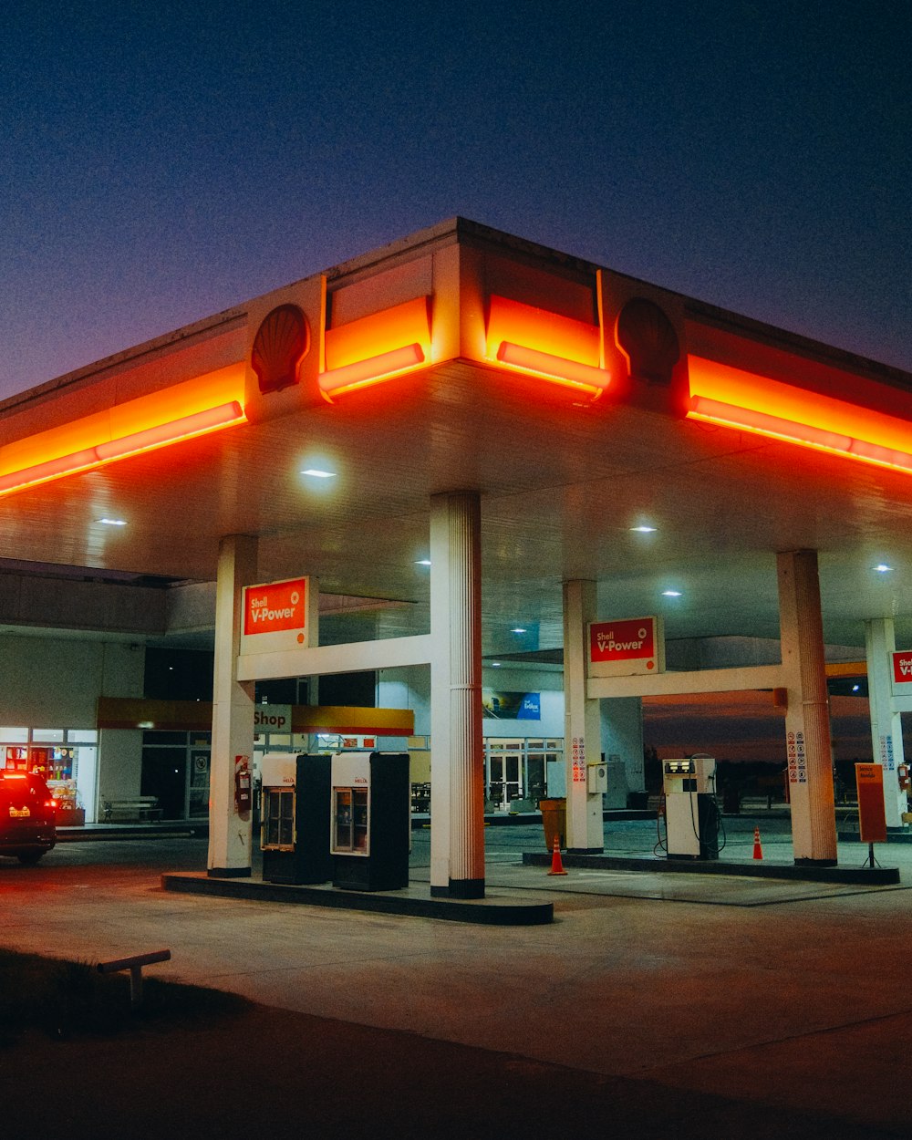 a gas station at night