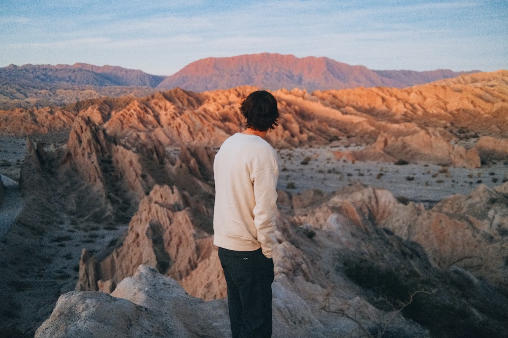 a person standing on a rock looking at a canyon