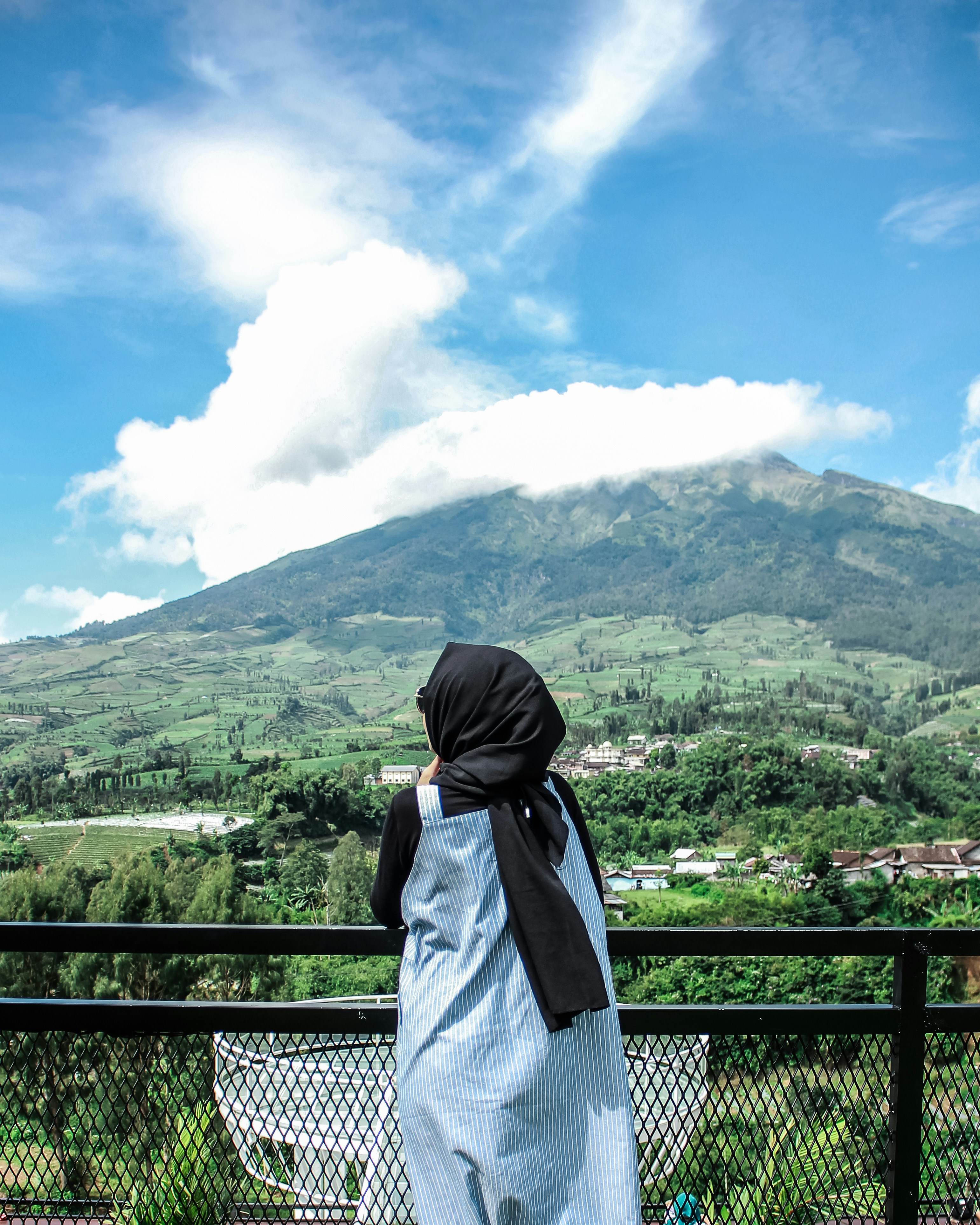 a person standing on a balcony overlooking a valley and mountains