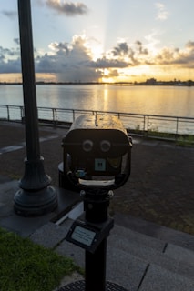 a metal object with a face on it by a body of water