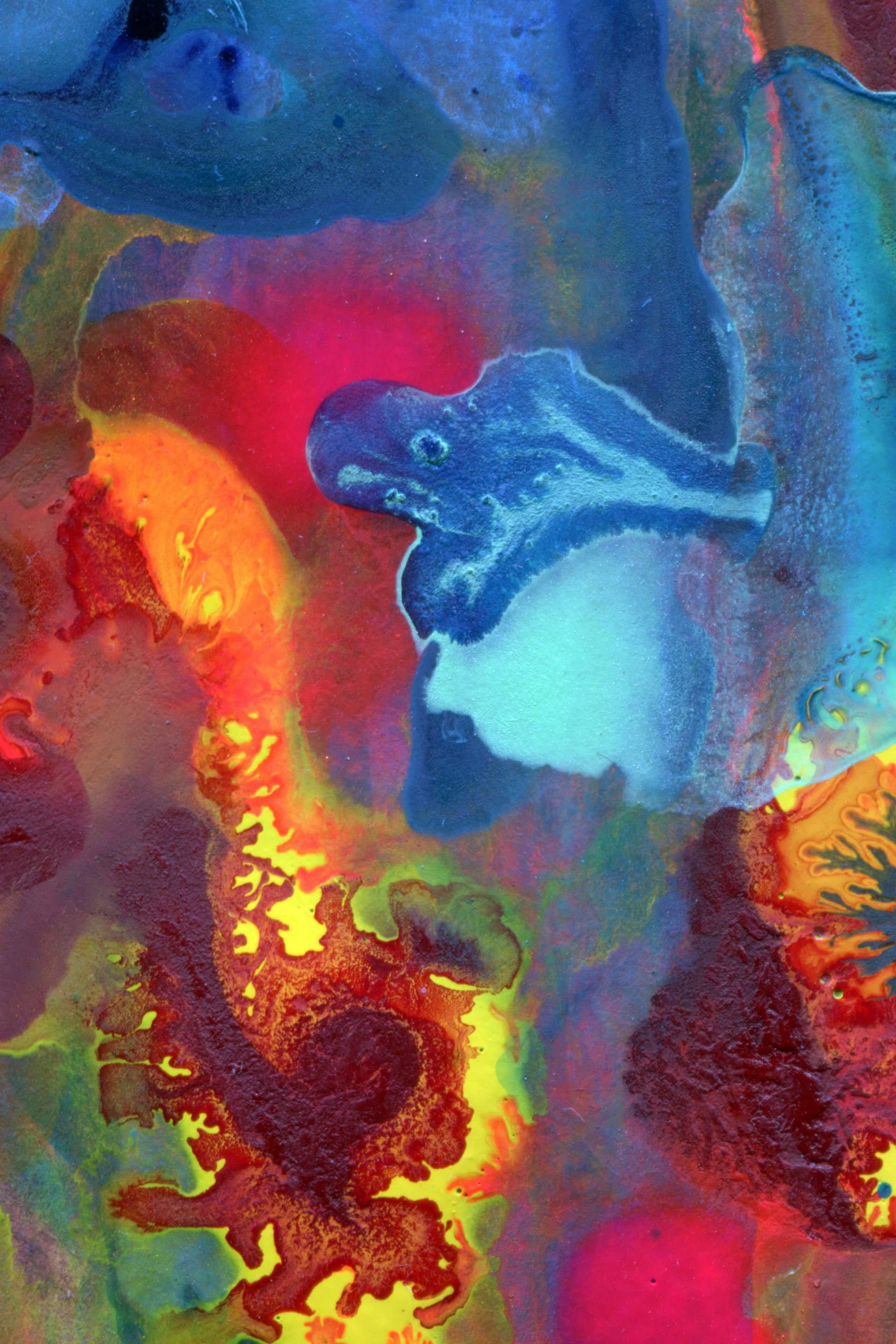 A vibrant painting featuring swirling colors and abstract shapes that evoke a sense of movement and emotion.