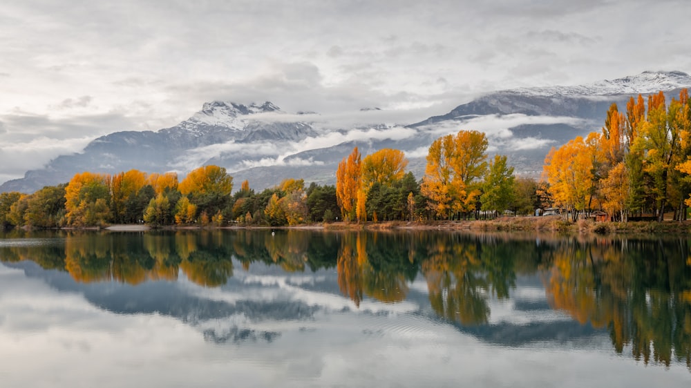 a body of water with trees and mountains in the background