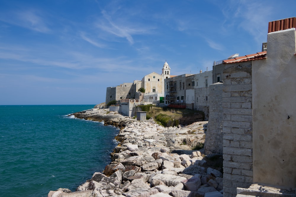 a rocky beach with buildings along it