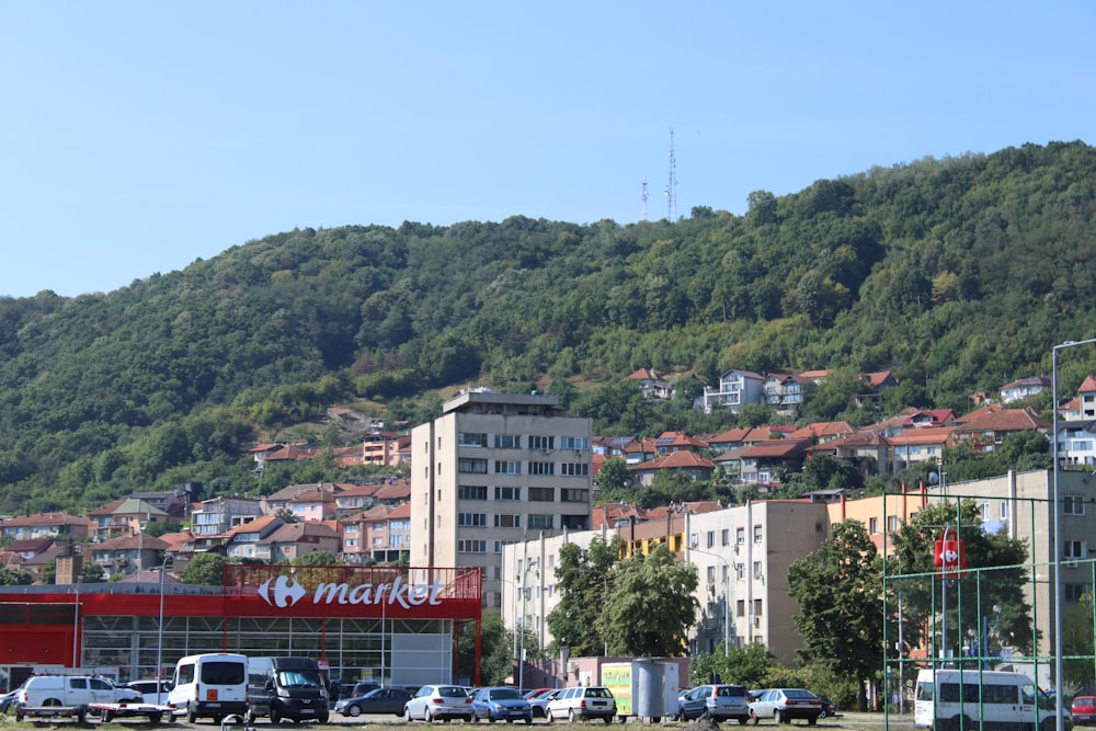 a city with a hill in the background