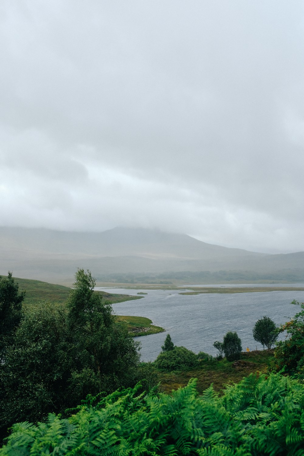 a body of water surrounded by trees and hills