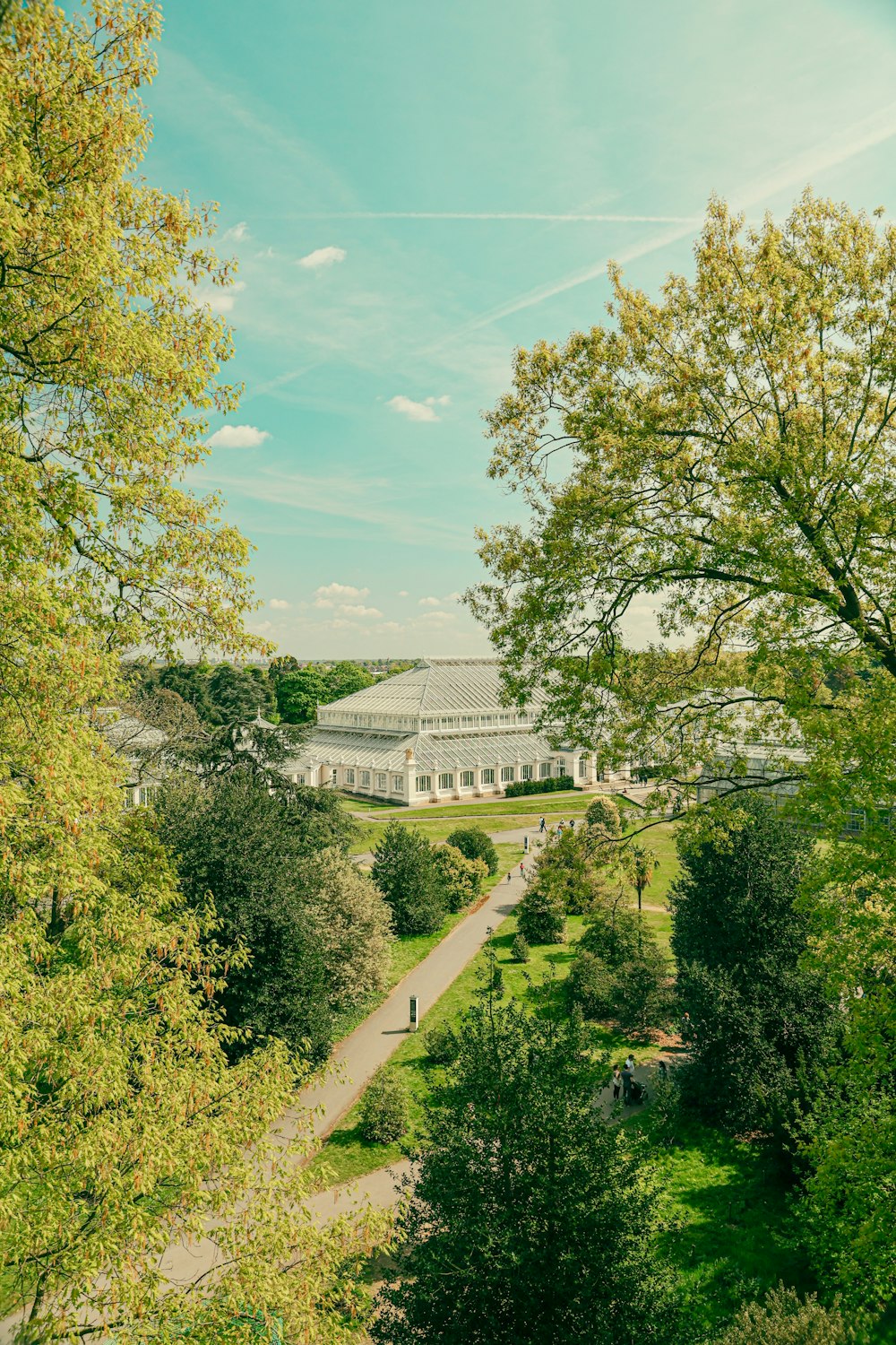 a building with a road and trees around it