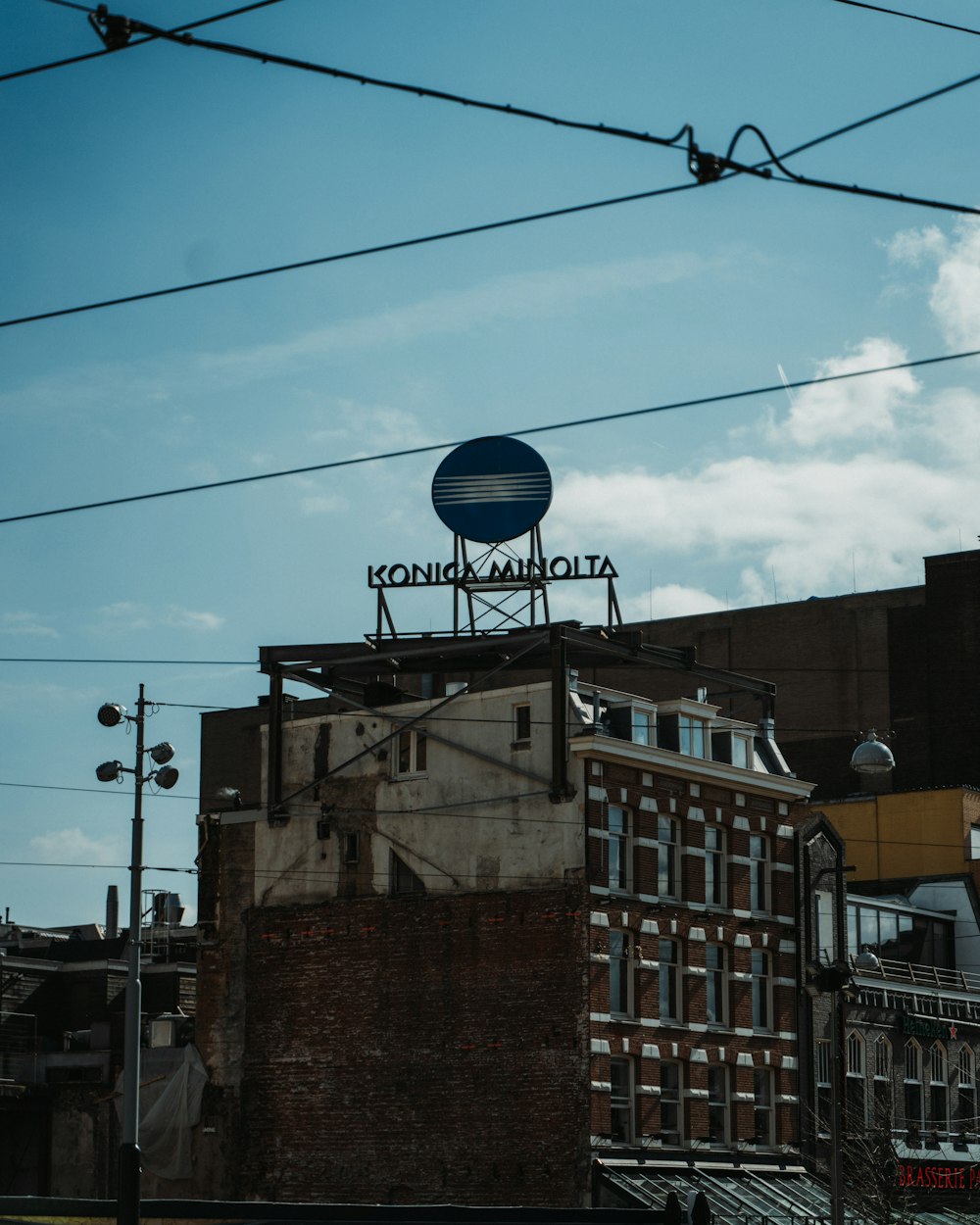 a building with power lines above it